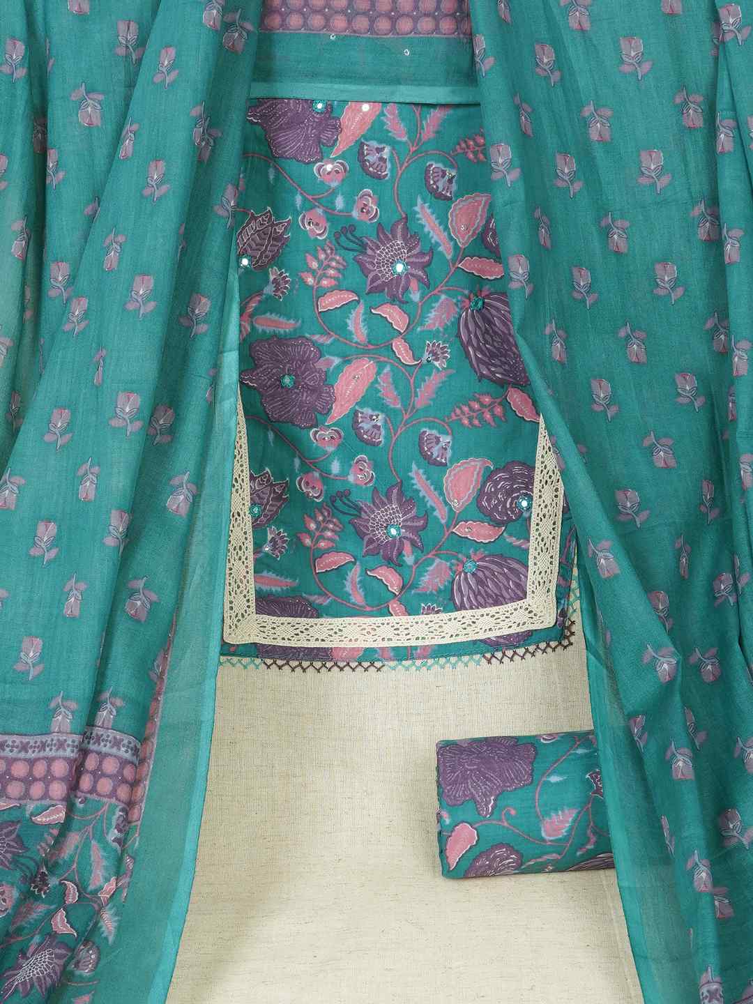 Floral Printed Dress Material enhanced with intricate handwork.(Green)