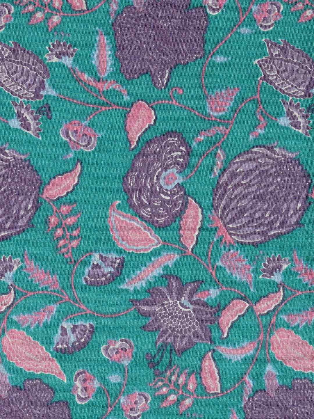 Floral Printed Dress Material enhanced with intricate handwork.(Green)