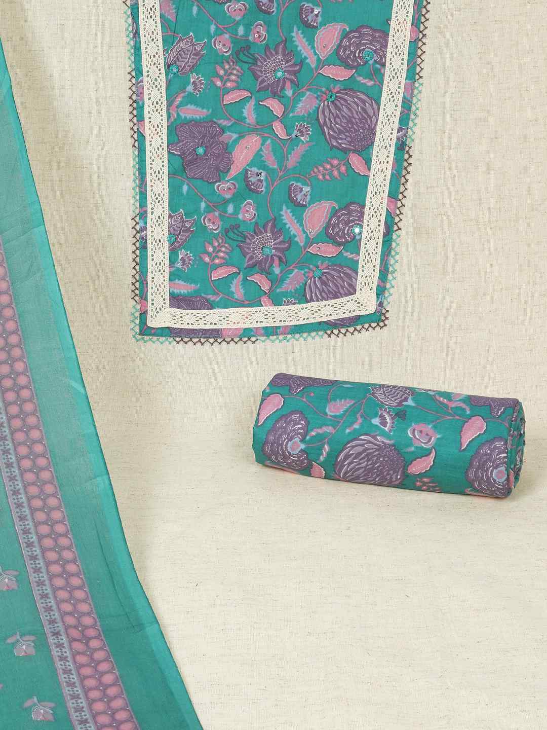 Floral Printed Dress Material enhanced with intricate handwork.(Green)