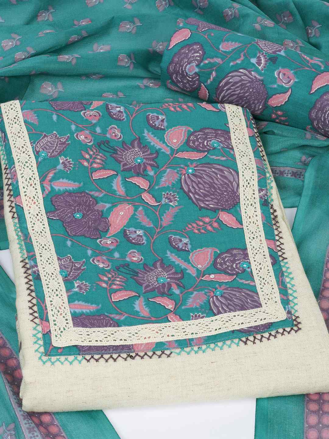 Floral Printed Dress Material enhanced with intricate handwork.(Green)