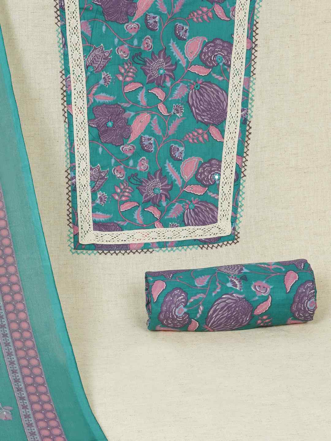 Floral Printed Dress Material enhanced with intricate handwork.(Green)