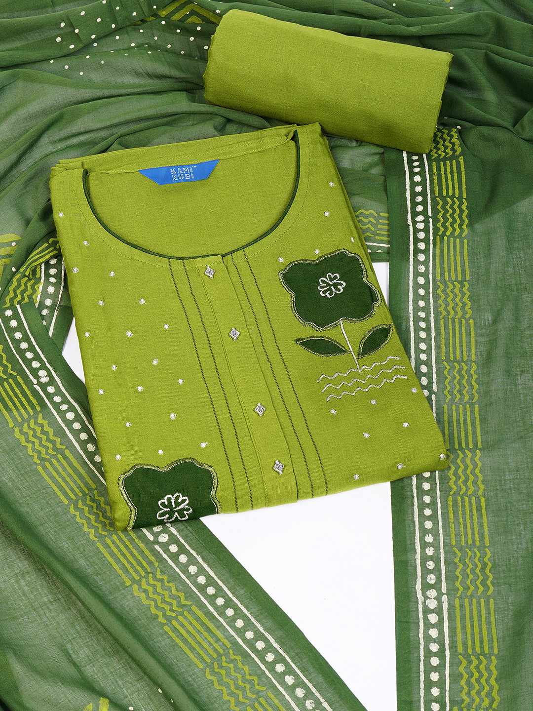 Unstitched Cotton Dress Material with Floral Embroidery, Printed Dupatta & Plain Bottom.(Green)