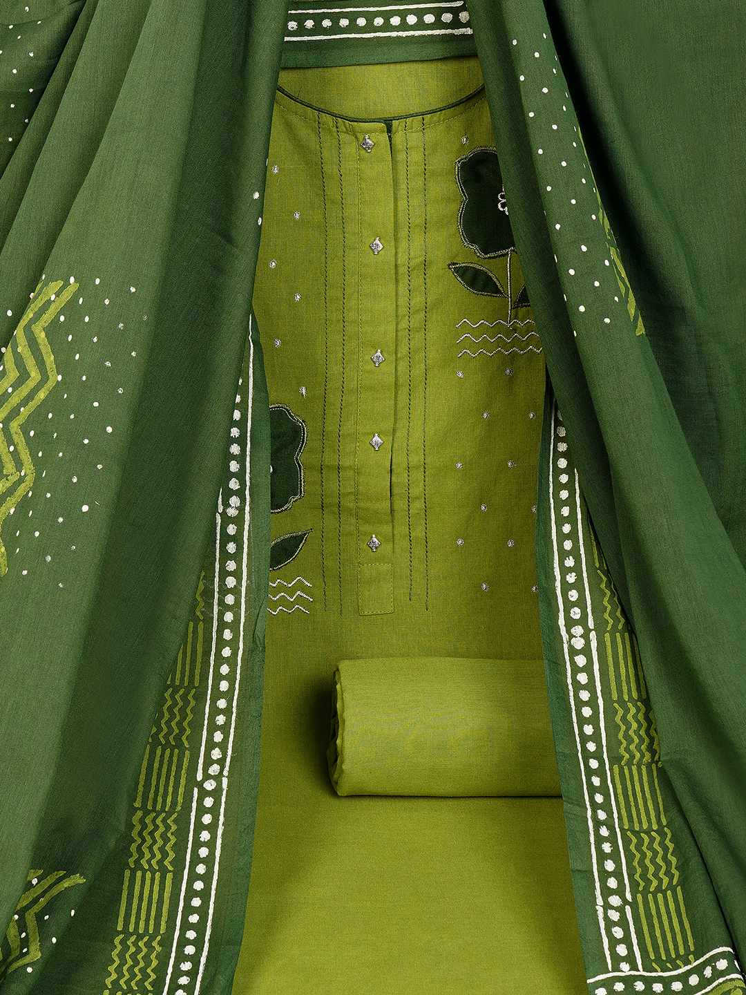 Unstitched Cotton Dress Material with Floral Embroidery, Printed Dupatta & Plain Bottom.(Green)