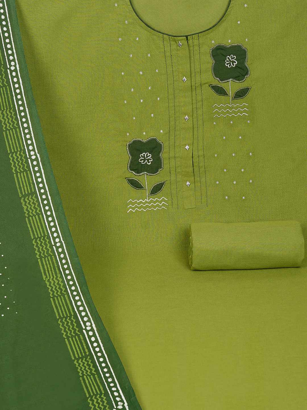 Unstitched Cotton Dress Material with Floral Embroidery, Printed Dupatta & Plain Bottom.(Green)