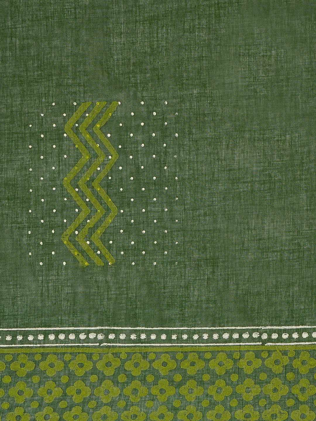 Unstitched Cotton Dress Material with Floral Embroidery, Printed Dupatta & Plain Bottom.(Green)