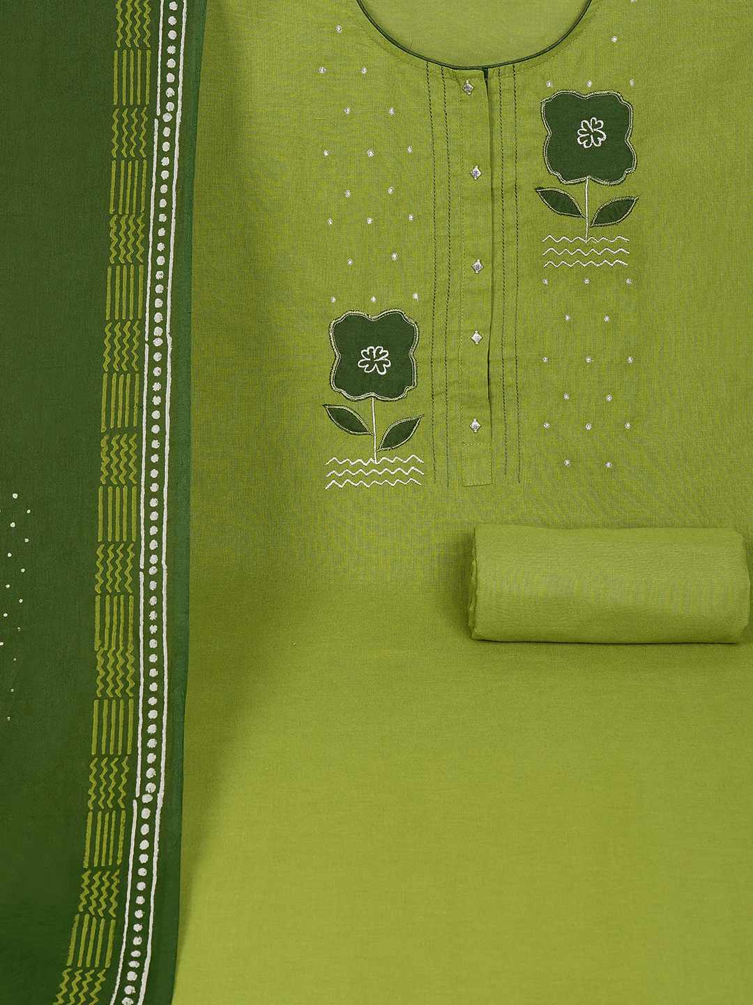 Unstitched Cotton Dress Material with Floral Embroidery, Printed Dupatta & Plain Bottom.(Green)
