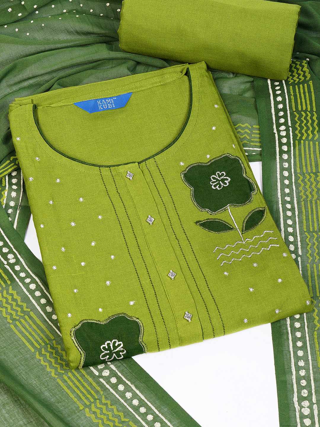 Unstitched Cotton Dress Material with Floral Embroidery, Printed Dupatta & Plain Bottom.(Green)