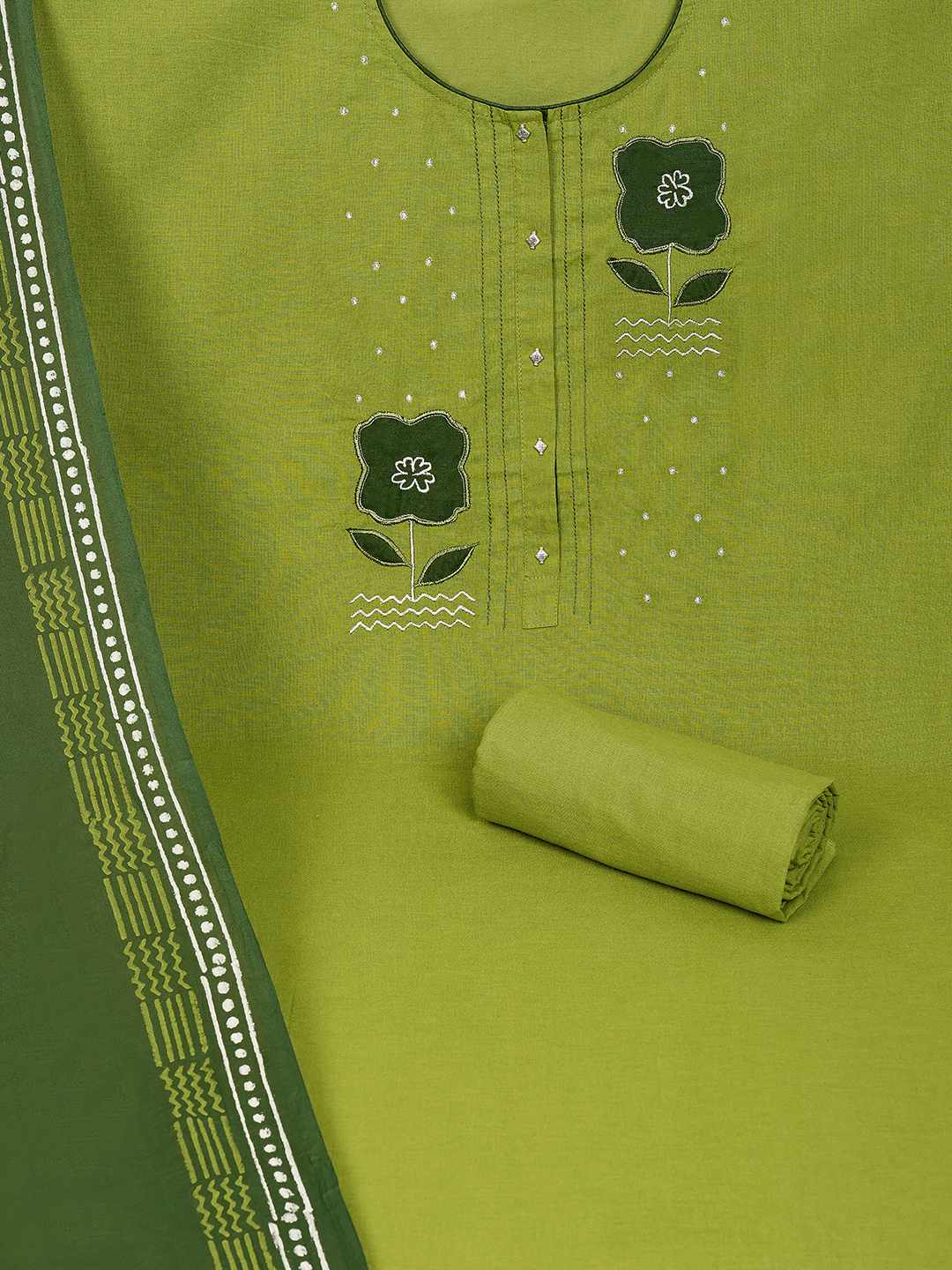 Unstitched Cotton Dress Material with Floral Embroidery, Printed Dupatta & Plain Bottom.(Green)