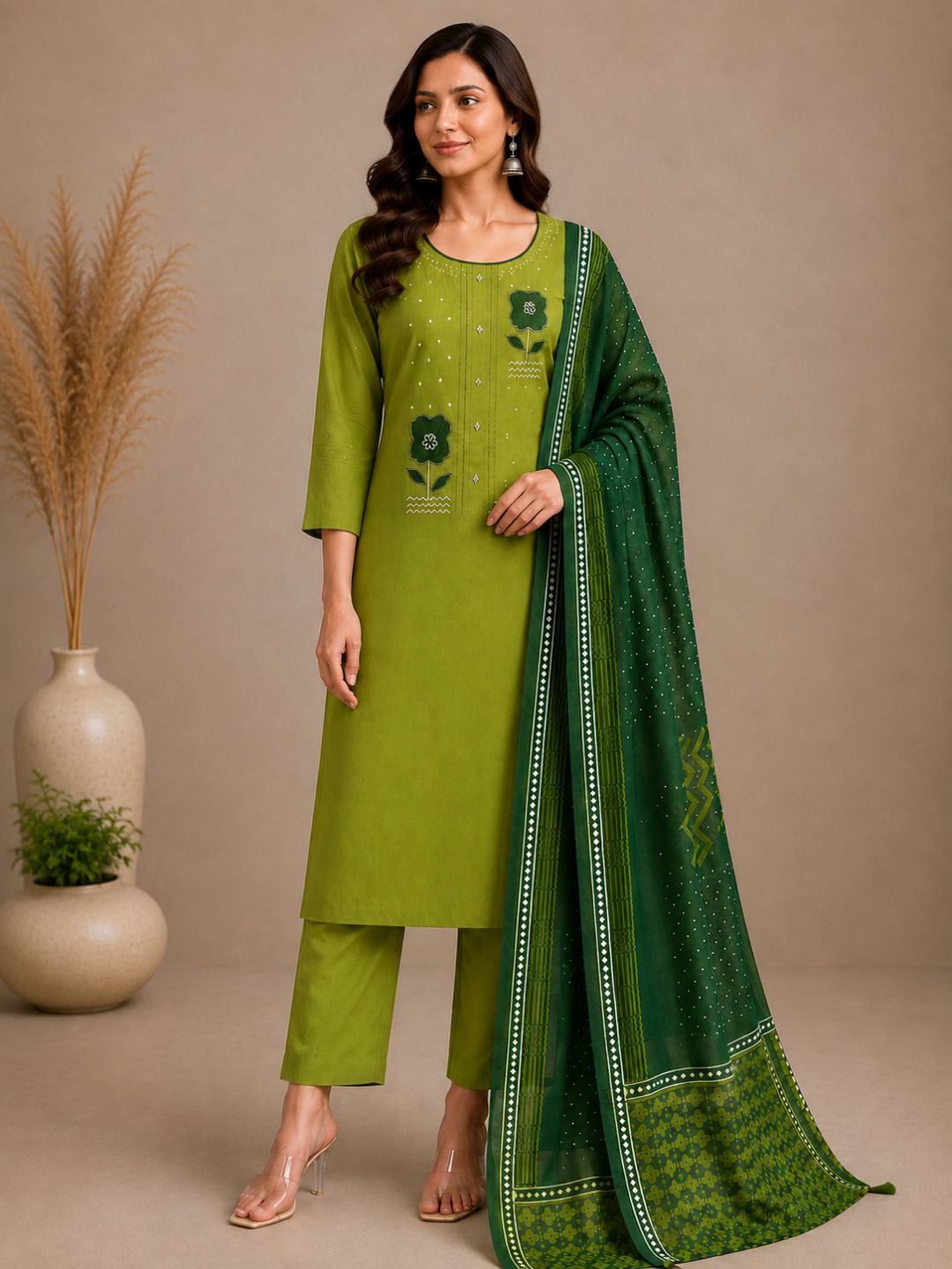 Unstitched Cotton Dress Material with Floral Embroidery, Printed Dupatta & Plain Bottom.(Green)