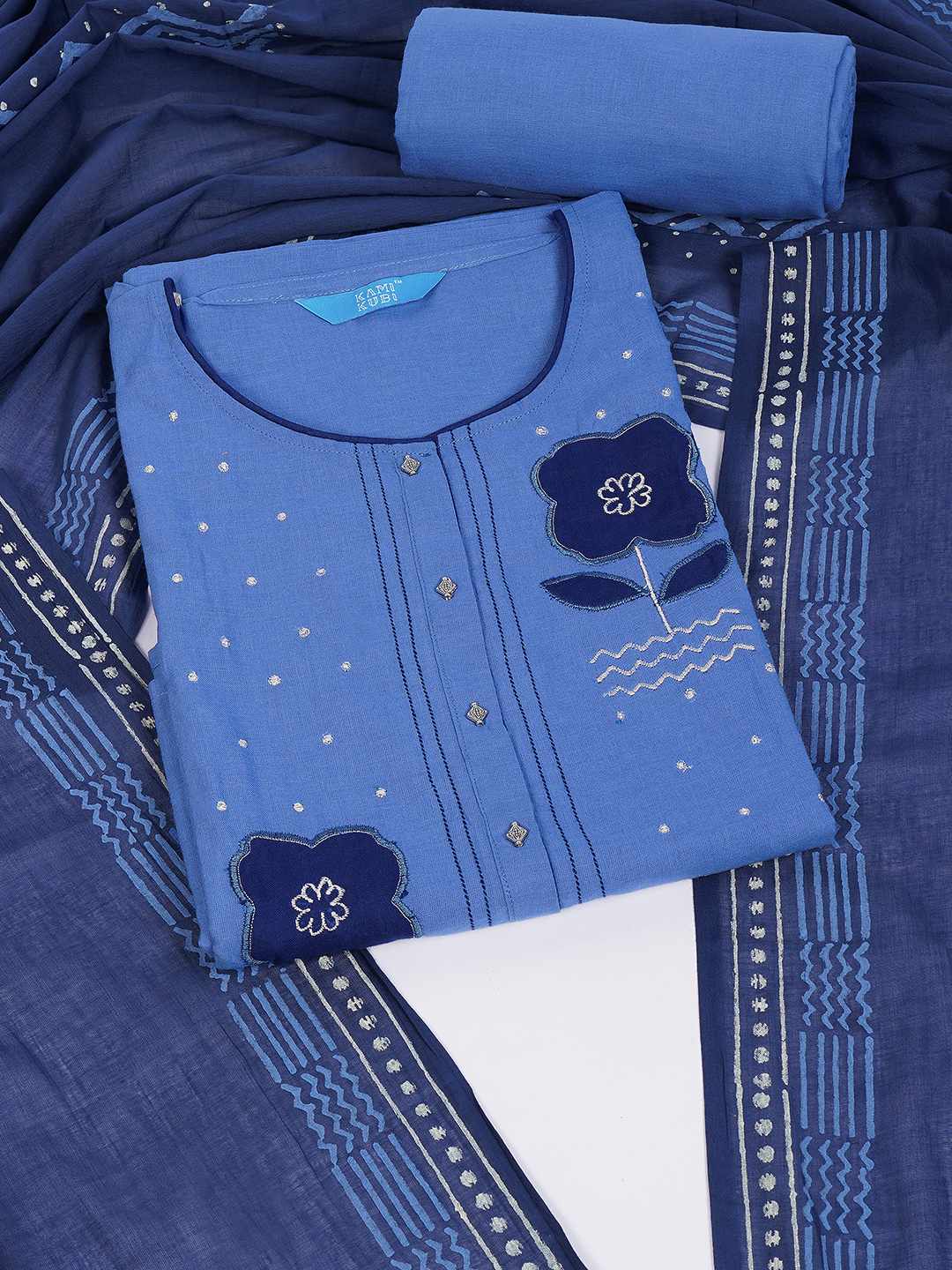 Unstitched Cotton Dress Material with Floral Embroidery, Printed Dupatta & Plain Bottom.(Blue)