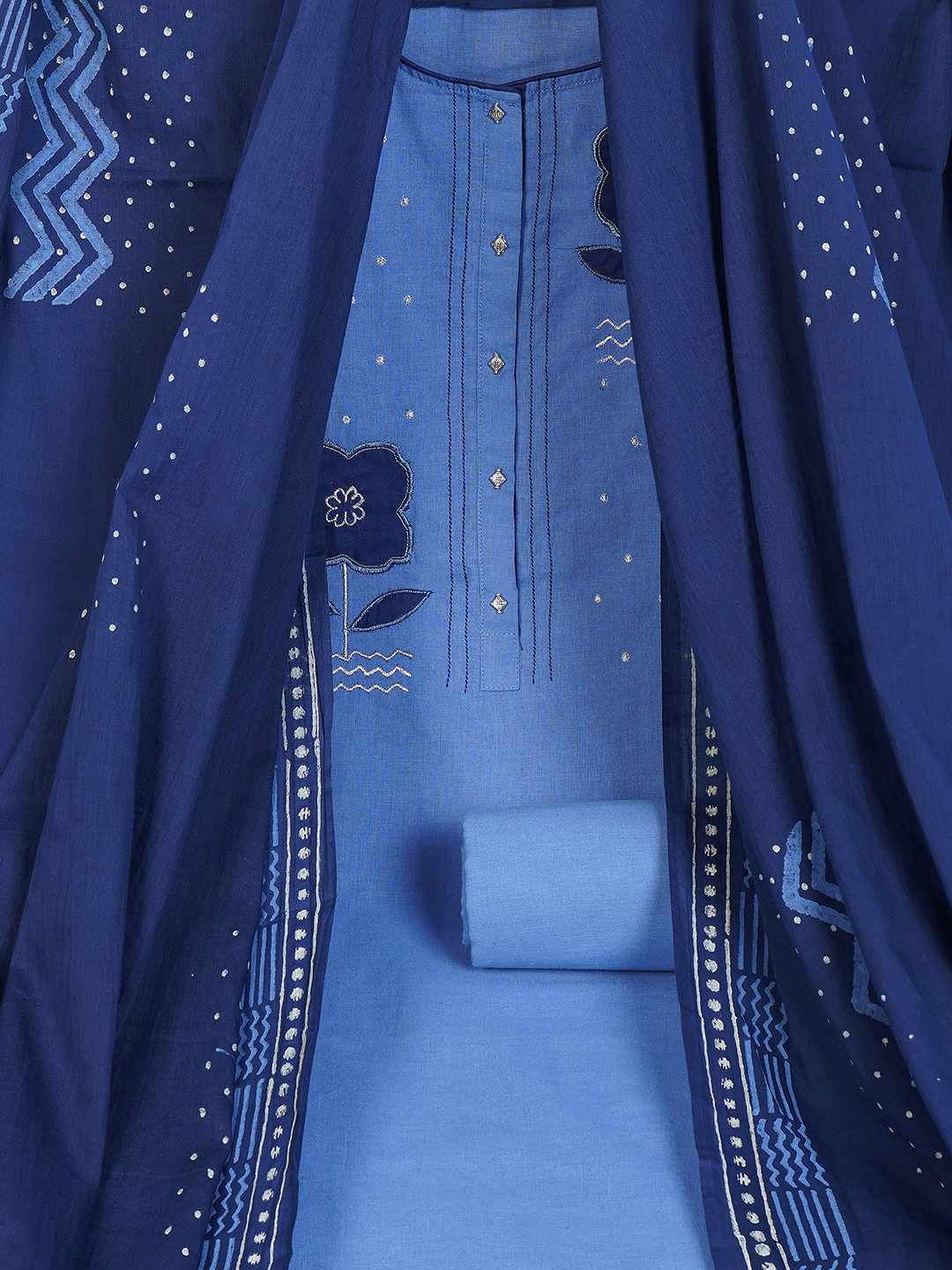 Unstitched Cotton Dress Material with Floral Embroidery, Printed Dupatta & Plain Bottom.(Blue)