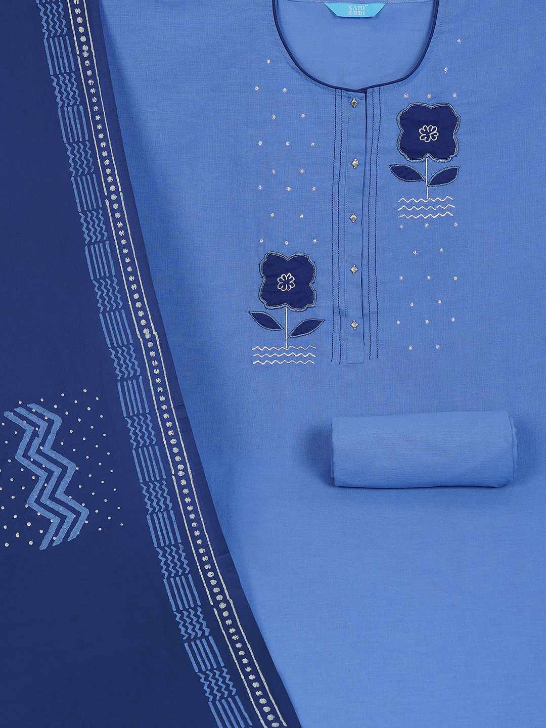 Unstitched Cotton Dress Material with Floral Embroidery, Printed Dupatta & Plain Bottom.(Blue)