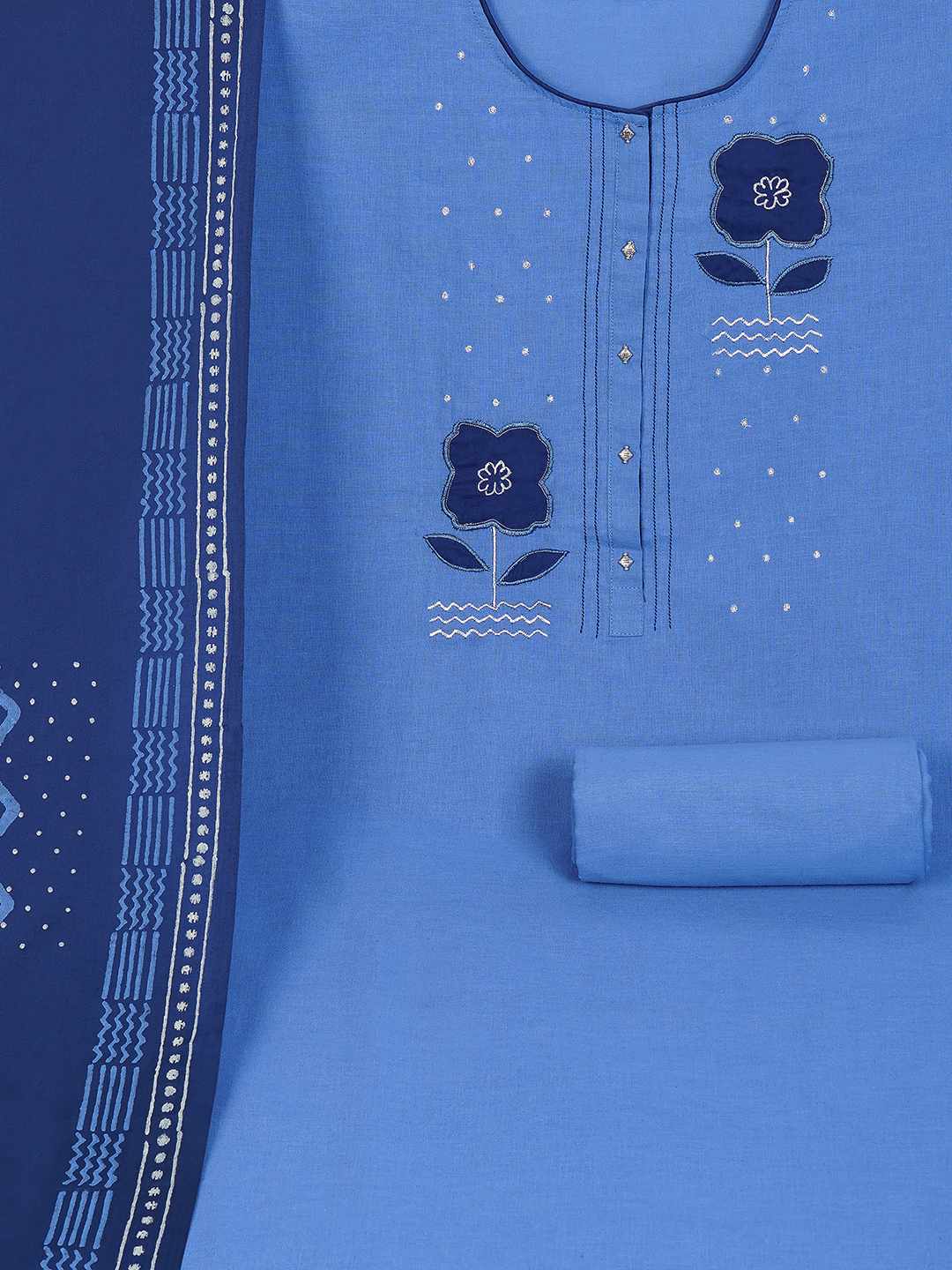 Unstitched Cotton Dress Material with Floral Embroidery, Printed Dupatta & Plain Bottom.(Blue)