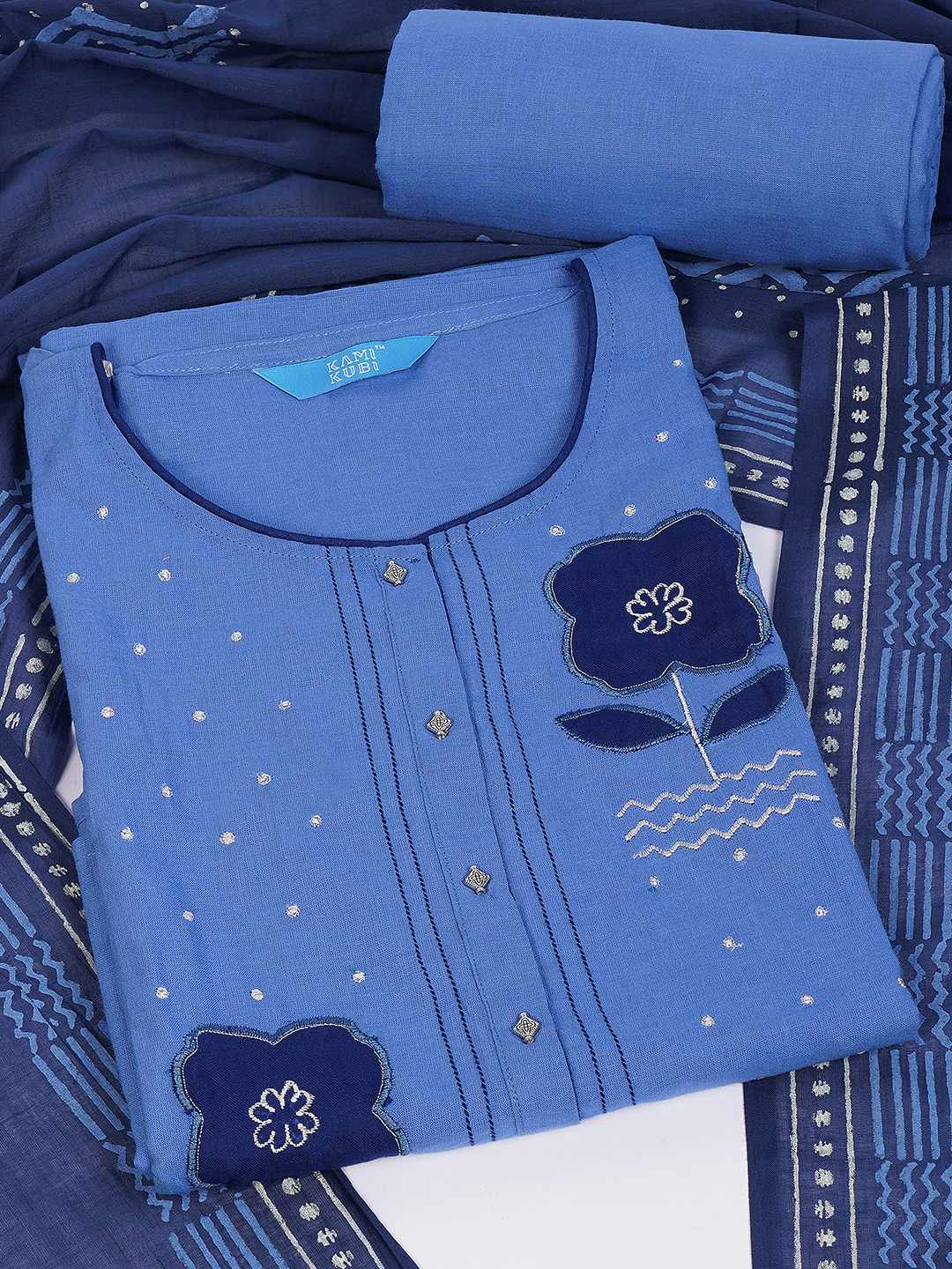 Unstitched Cotton Dress Material with Floral Embroidery, Printed Dupatta & Plain Bottom.(Blue)