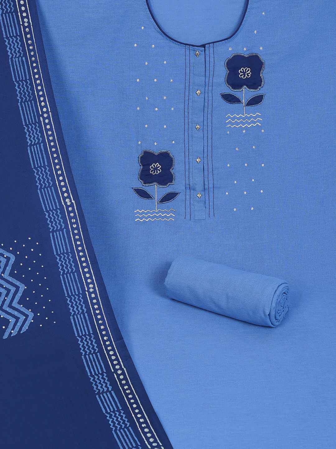 Unstitched Cotton Dress Material with Floral Embroidery, Printed Dupatta & Plain Bottom.(Blue)
