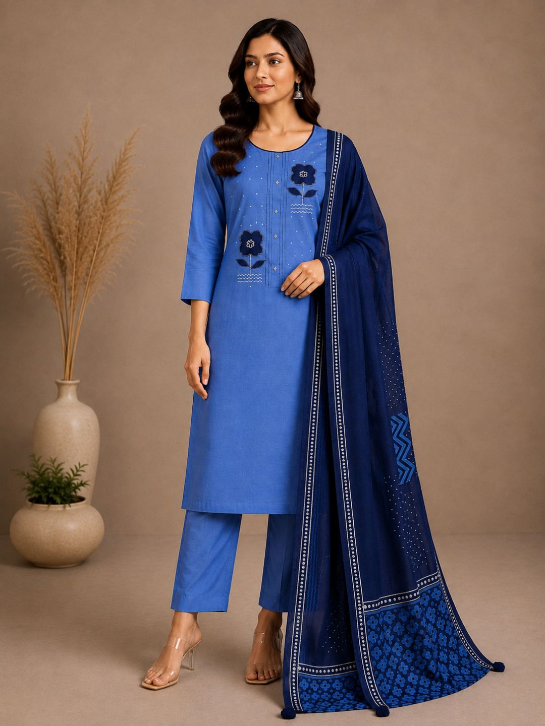 Unstitched Cotton Dress Material with Floral Embroidery, Printed Dupatta & Plain Bottom.(Blue)
