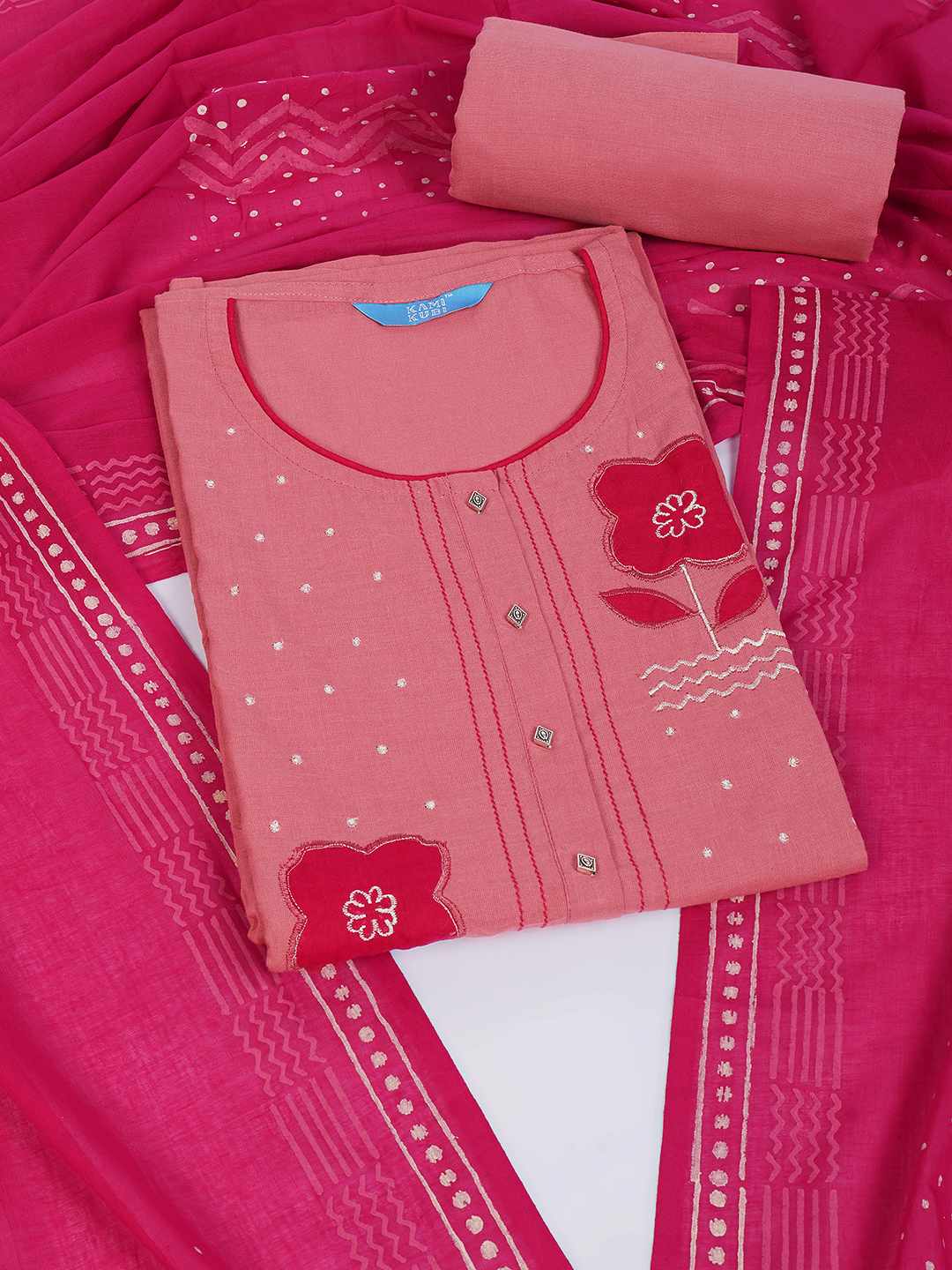 Unstitched Cotton Dress Material with Floral Embroidery, Printed Dupatta & Plain Bottom.(Pink)