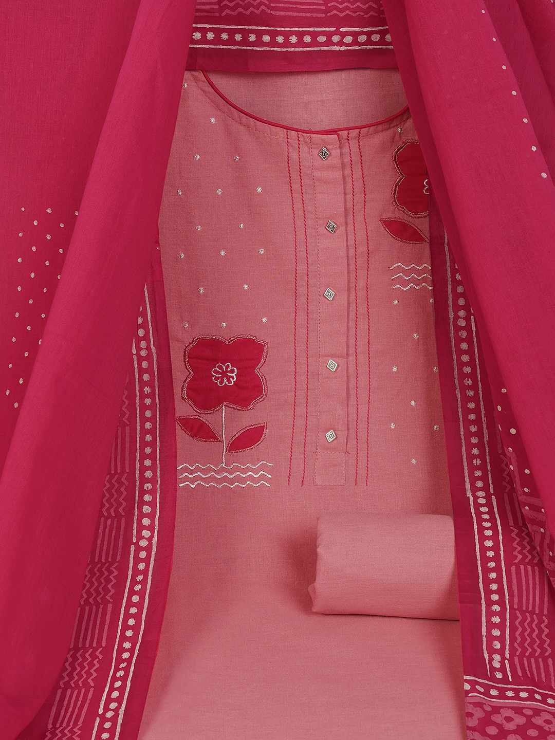 Unstitched Cotton Dress Material with Floral Embroidery, Printed Dupatta & Plain Bottom.(Pink)