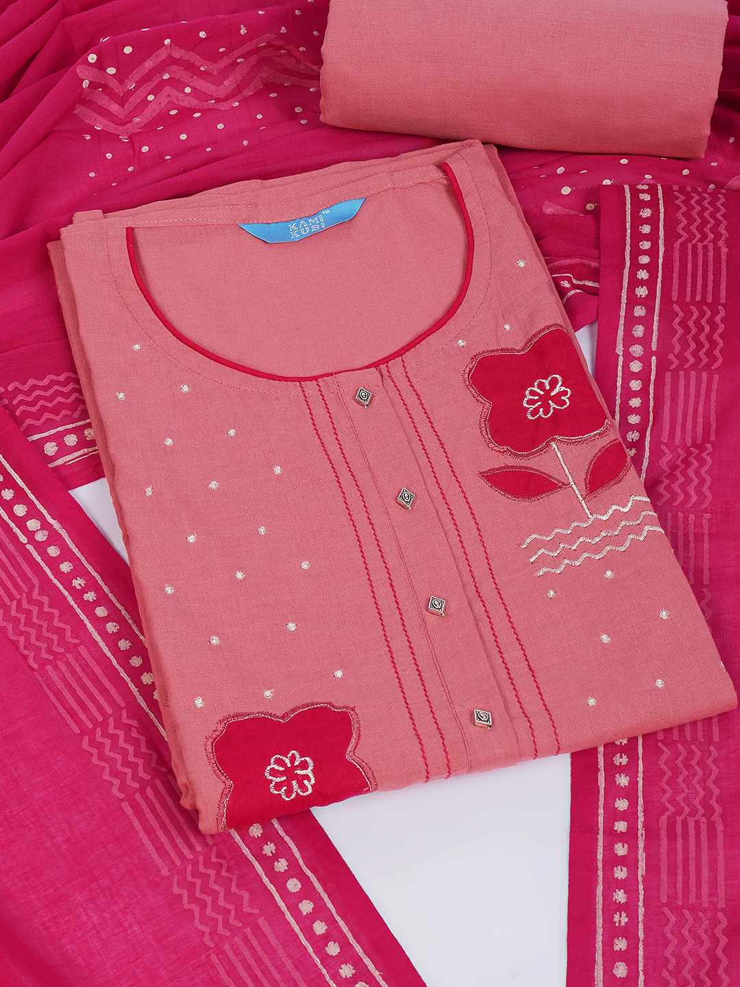 Unstitched Cotton Dress Material with Floral Embroidery, Printed Dupatta & Plain Bottom.(Pink)