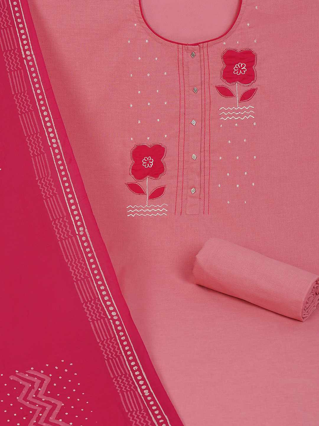 Unstitched Cotton Dress Material with Floral Embroidery, Printed Dupatta & Plain Bottom.(Pink)