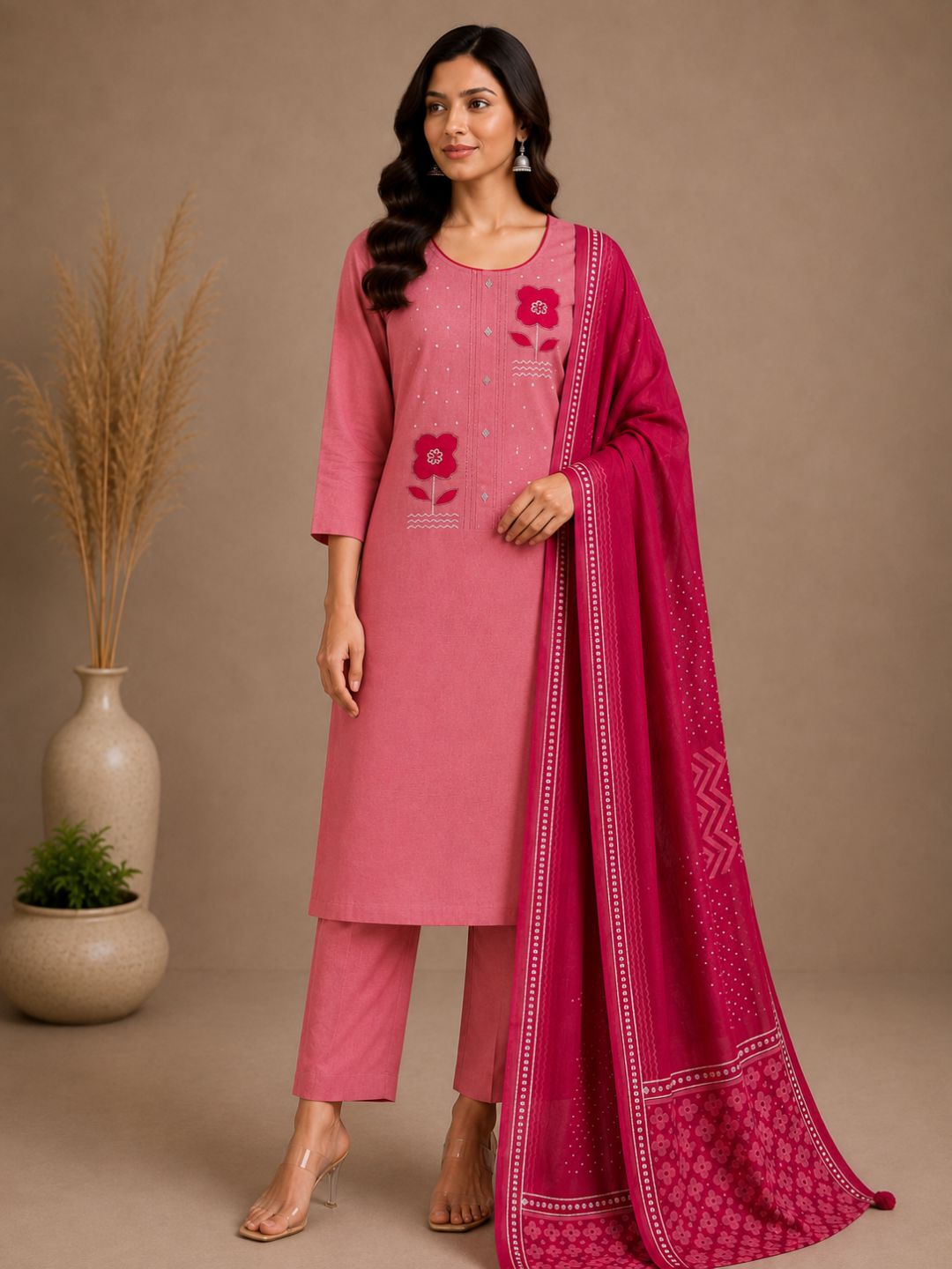 Unstitched Cotton Dress Material with Floral Embroidery, Printed Dupatta & Plain Bottom.(Pink)