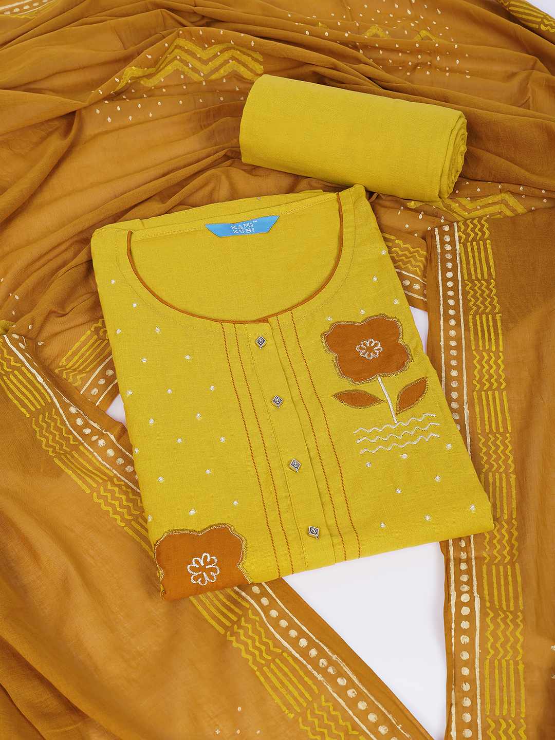 Unstitched Cotton Dress Material with Floral Embroidery, Printed Dupatta & Plain Bottom.(Yellow)