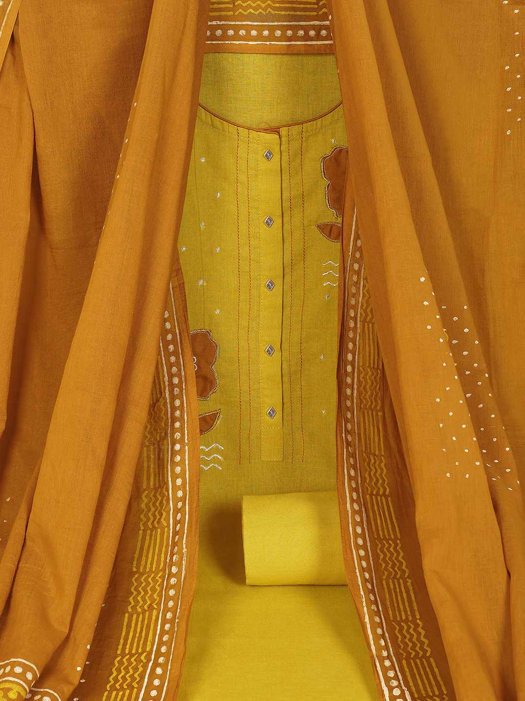 Unstitched Cotton Dress Material with Floral Embroidery, Printed Dupatta & Plain Bottom.(Yellow)