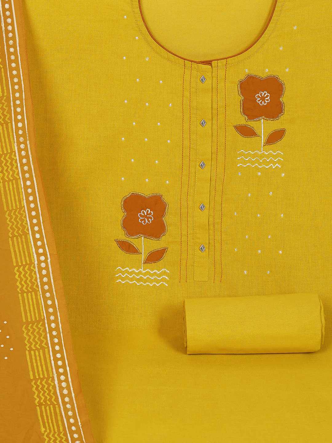 Unstitched Cotton Dress Material with Floral Embroidery, Printed Dupatta & Plain Bottom.(Yellow)