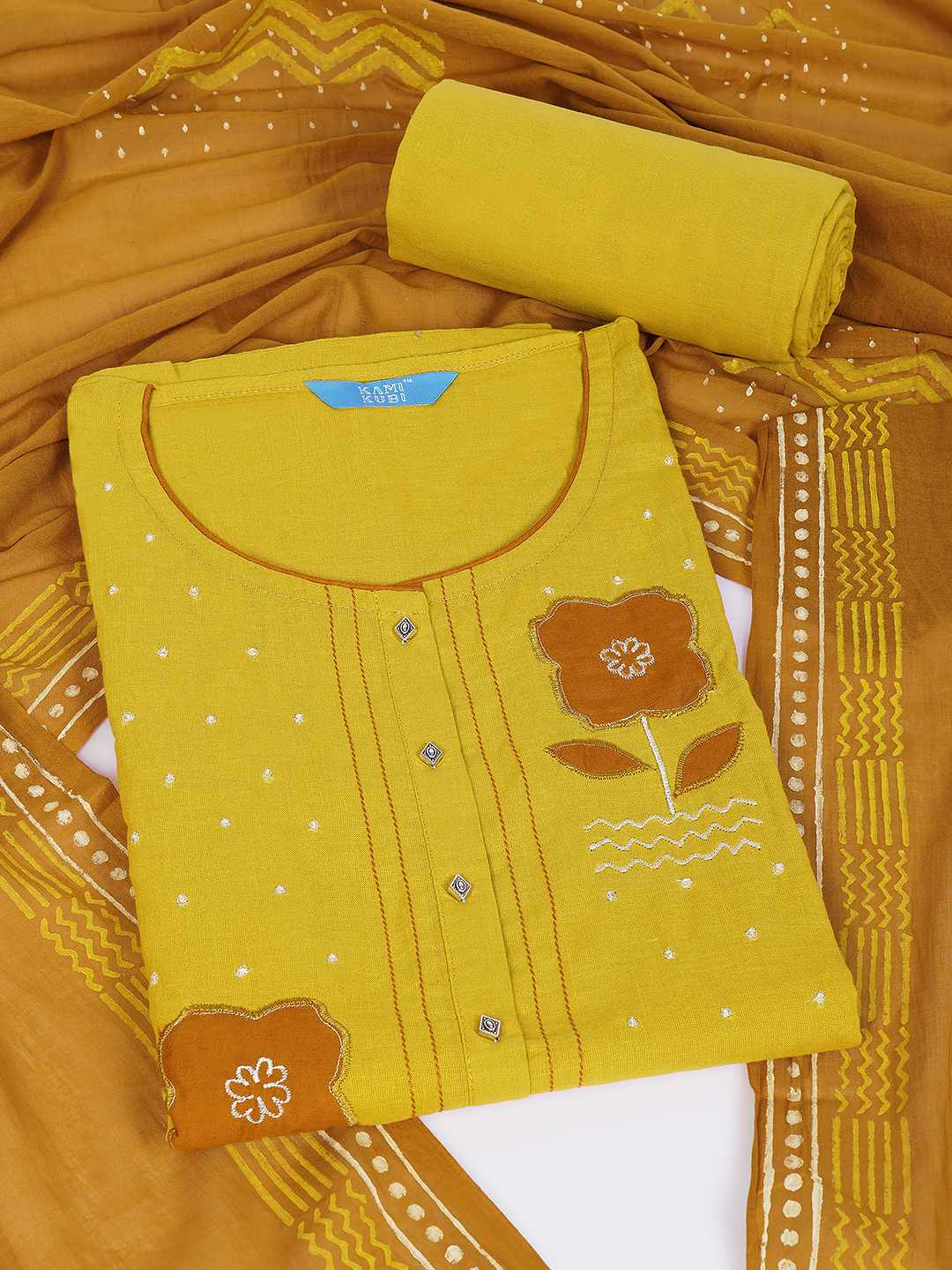 Unstitched Cotton Dress Material with Floral Embroidery, Printed Dupatta & Plain Bottom.(Yellow)