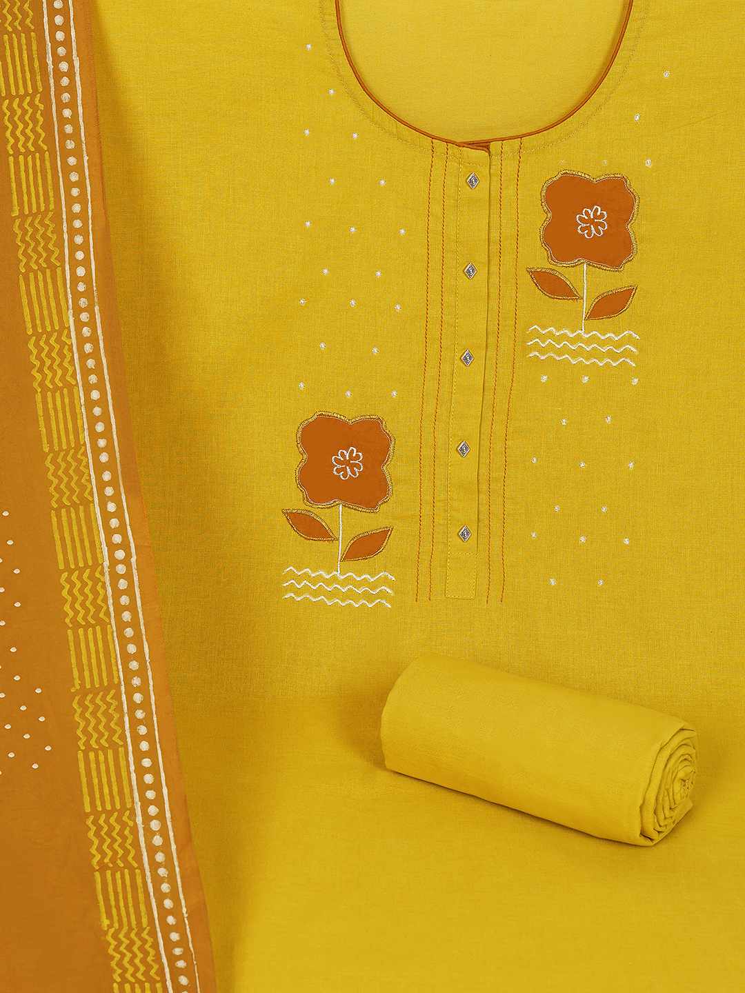 Unstitched Cotton Dress Material with Floral Embroidery, Printed Dupatta & Plain Bottom.(Yellow)