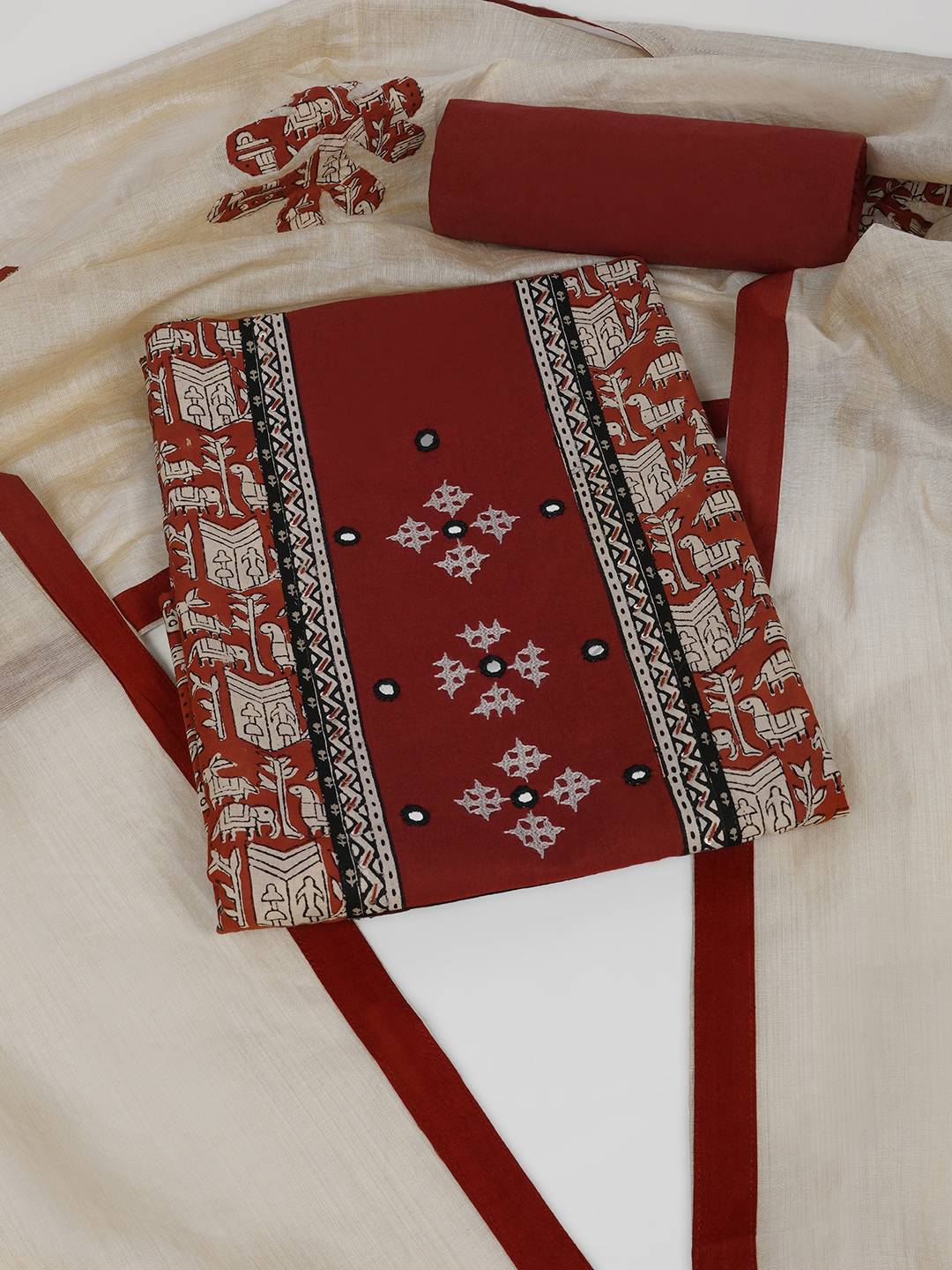 Printed Cotton Unstitched 3-Piece Suit Set with Mirror Work, Plain Bottom & Printed Dupatta.(Rust)
