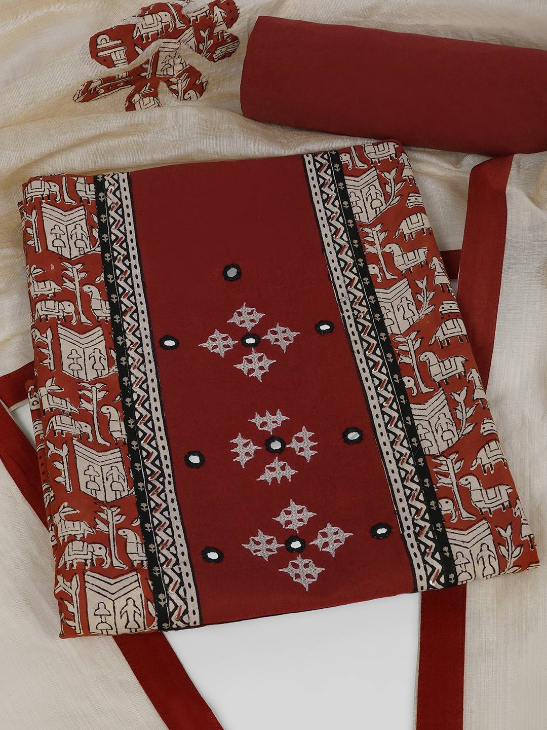 Printed Cotton Unstitched 3-Piece Suit Set with Mirror Work, Plain Bottom & Printed Dupatta.(Rust)