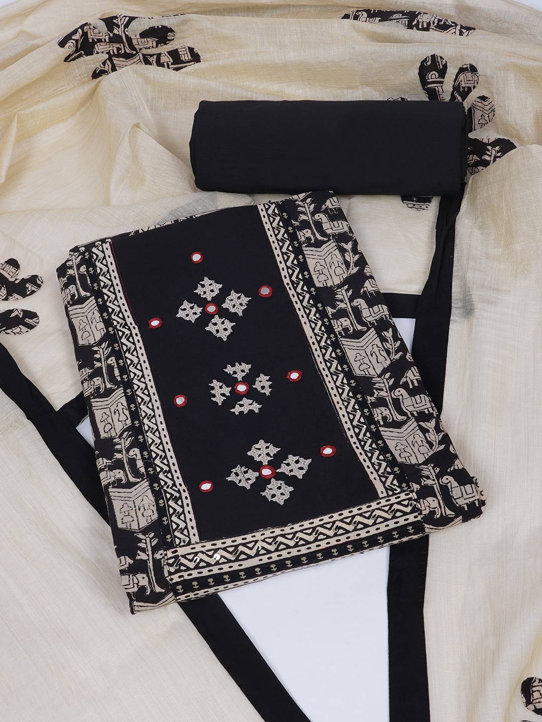 Printed Cotton Unstitched 3-Piece Suit Set with Mirror Work, Plain Bottom & Printed Dupatta.(Black)