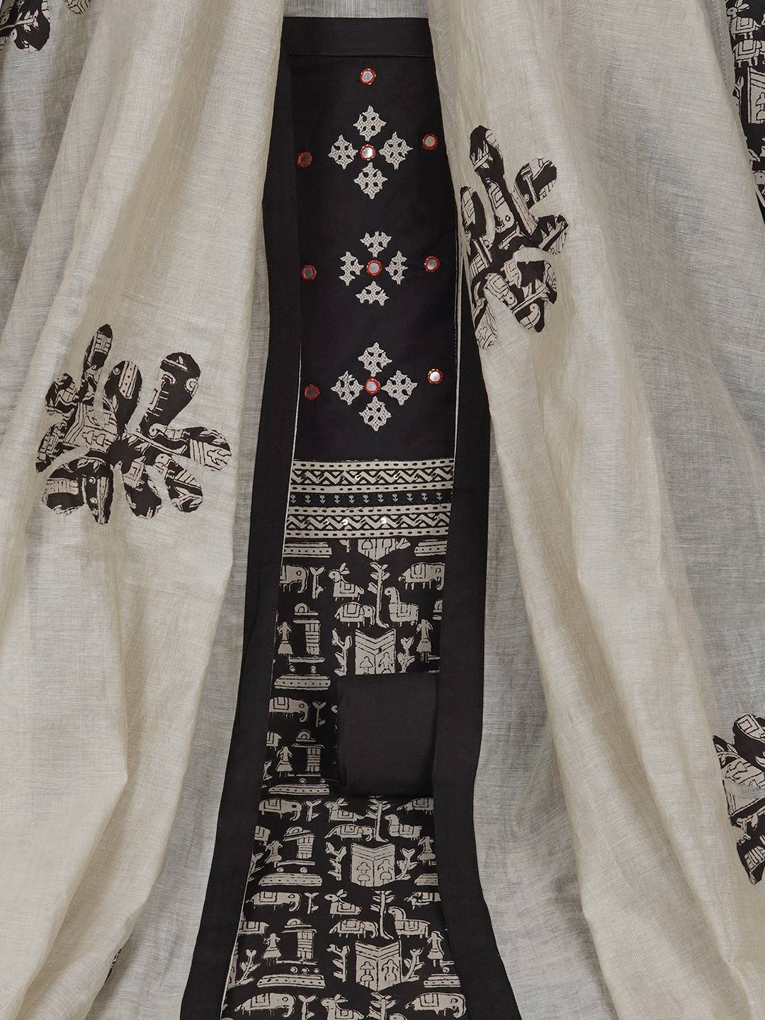 Printed Cotton Unstitched 3-Piece Suit Set with Mirror Work, Plain Bottom & Printed Dupatta.(Black)