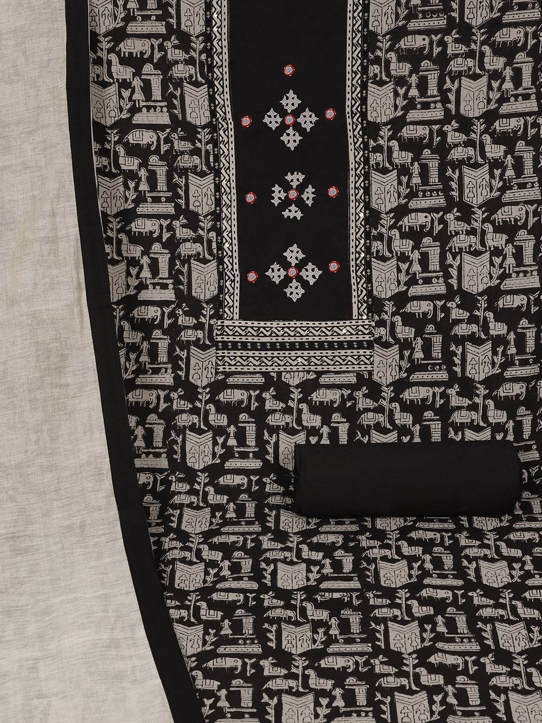 Printed Cotton Unstitched 3-Piece Suit Set with Mirror Work, Plain Bottom & Printed Dupatta.(Black)