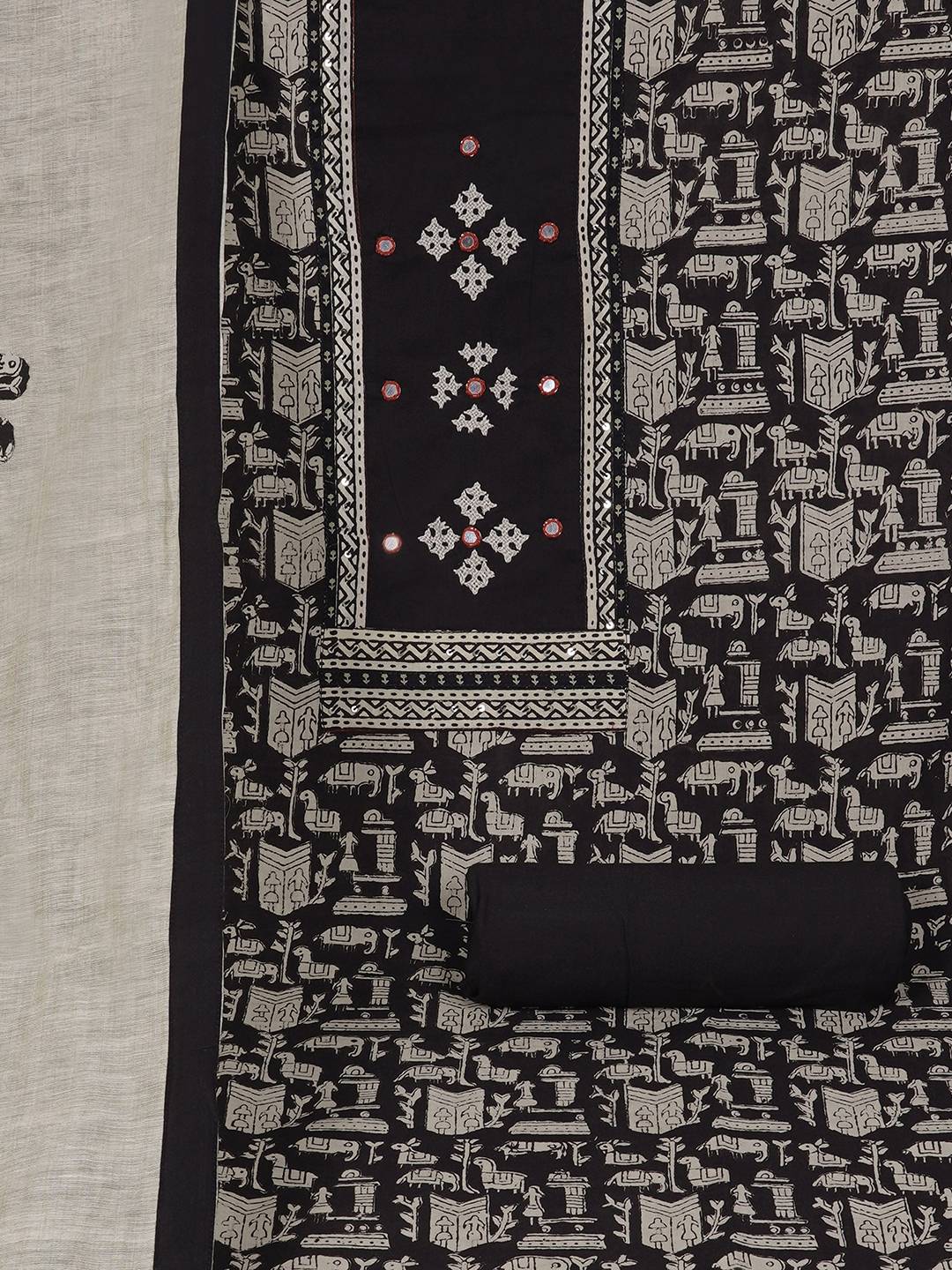 Printed Cotton Unstitched 3-Piece Suit Set with Mirror Work, Plain Bottom & Printed Dupatta.(Black)