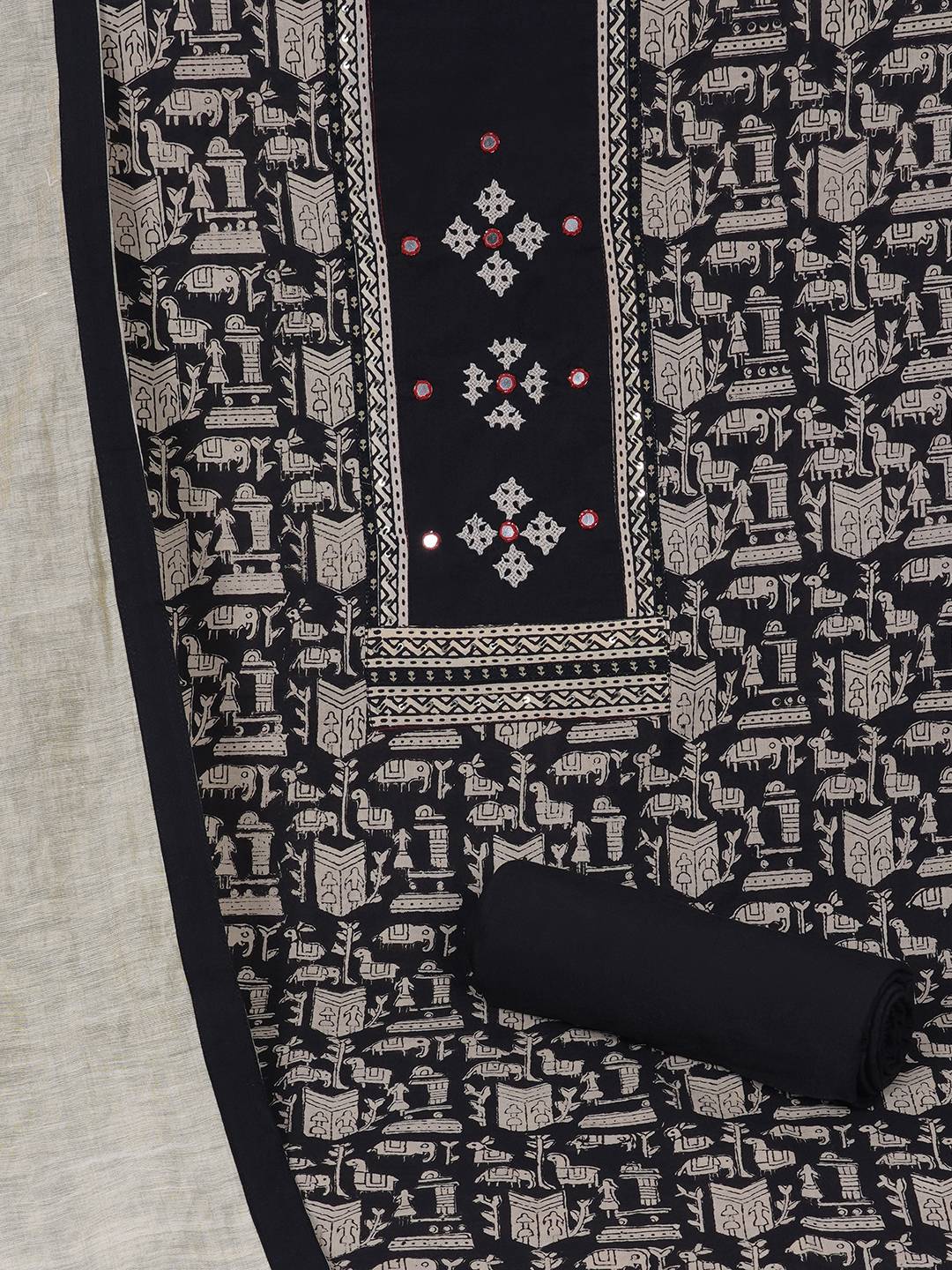 Printed Cotton Unstitched 3-Piece Suit Set with Mirror Work, Plain Bottom & Printed Dupatta.(Black)
