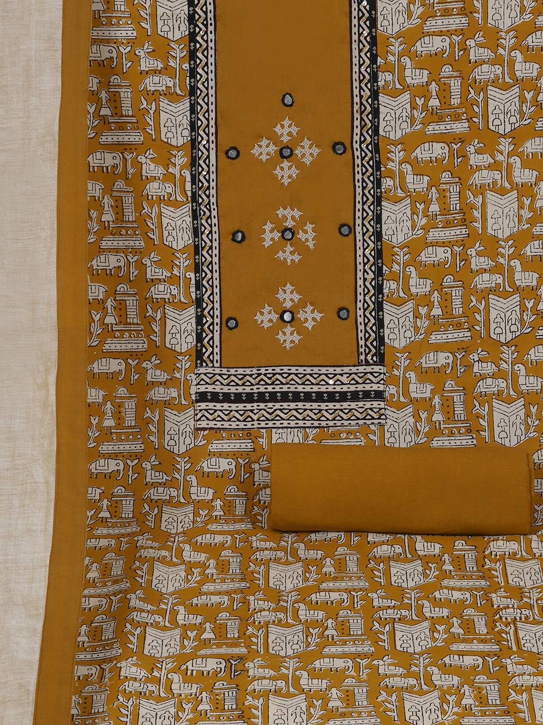 Printed Cotton Unstitched 3-Piece Suit Set with Mirror Work, Plain Bottom & Printed Dupatta.(Mustard)