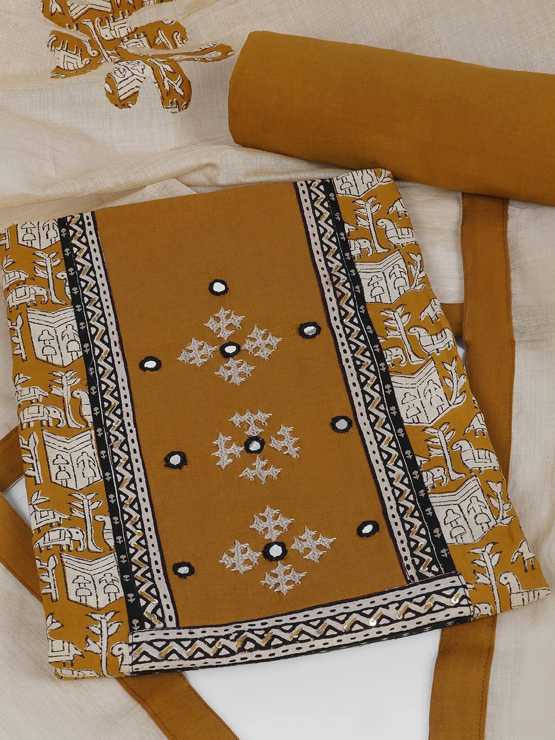 Printed Cotton Unstitched 3-Piece Suit Set with Mirror Work, Plain Bottom & Printed Dupatta.(Mustard)