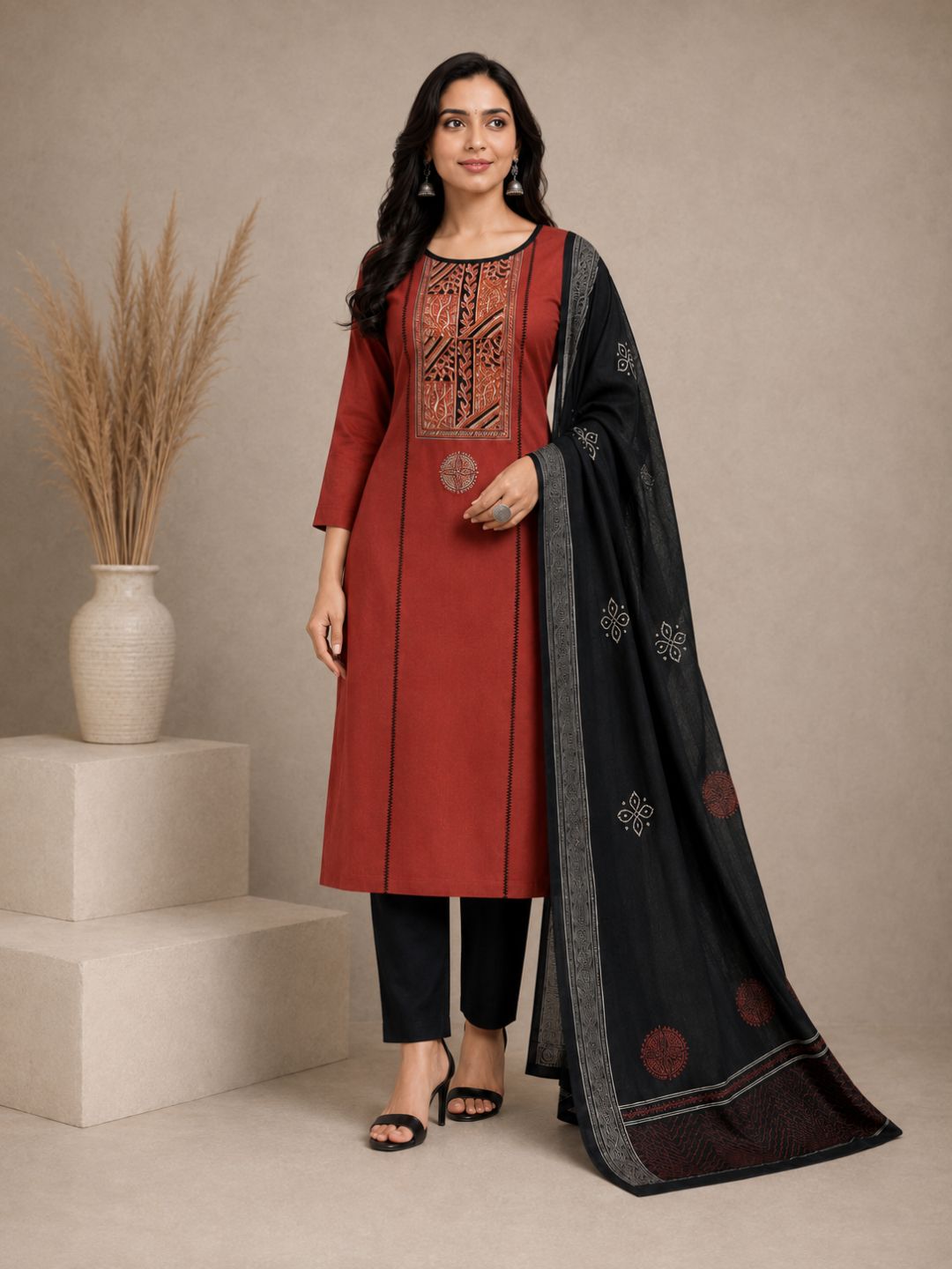 Unstitched Cotton Dress Material with kalamkari Yoke, thread work & Printed Dupatta.(Rust)