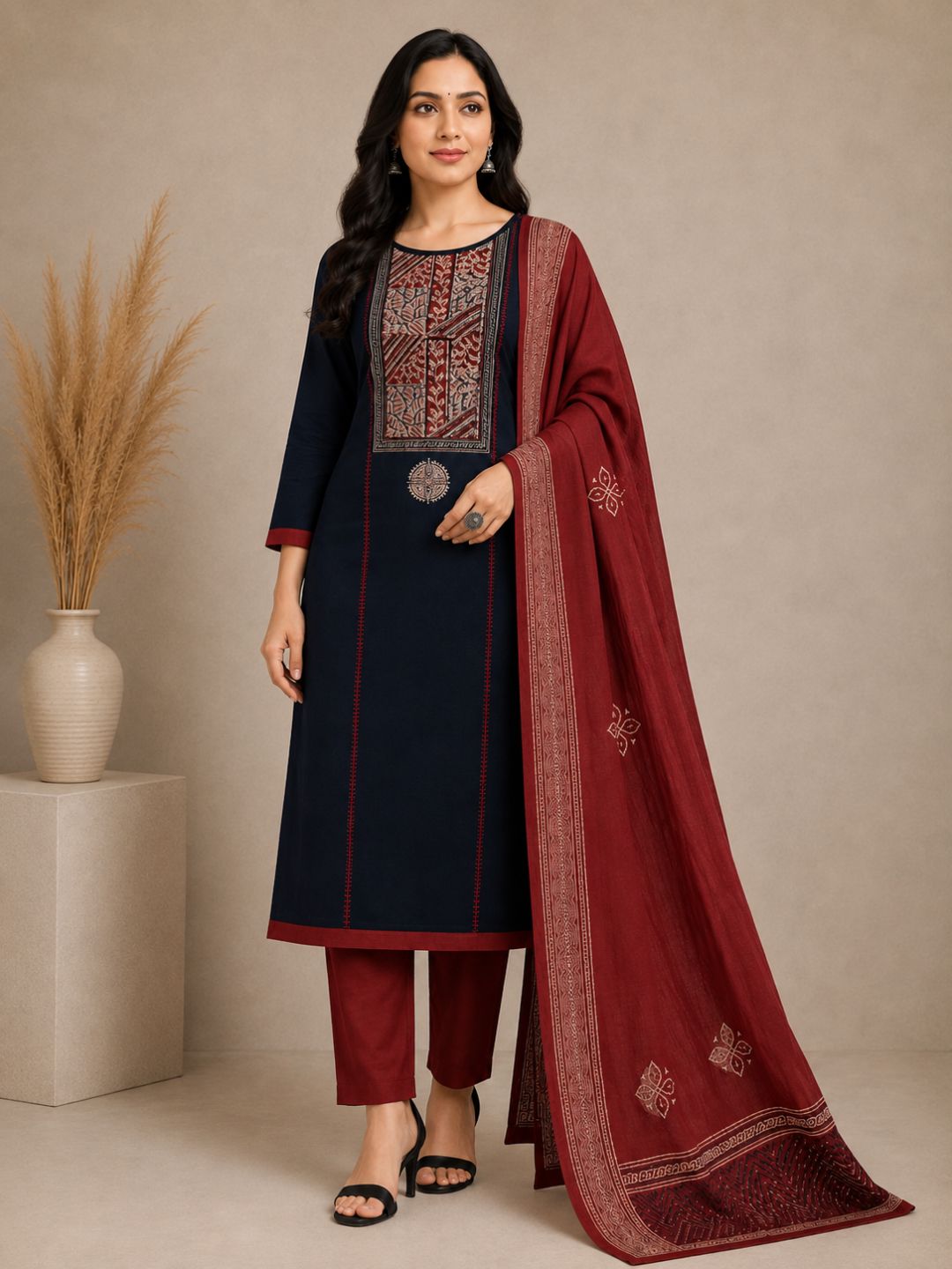 Unstitched Cotton Dress Material with Kalamkari Yoke, thread work & Printed Dupatta.(Blue)