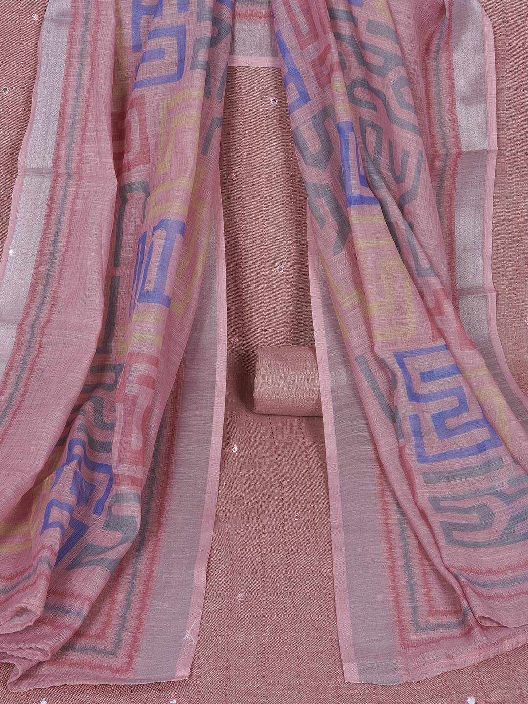 Cotton Dress Material with Mirror Work Yoke, Plain Bottom and Geometric Print Dupatta.(Pink)