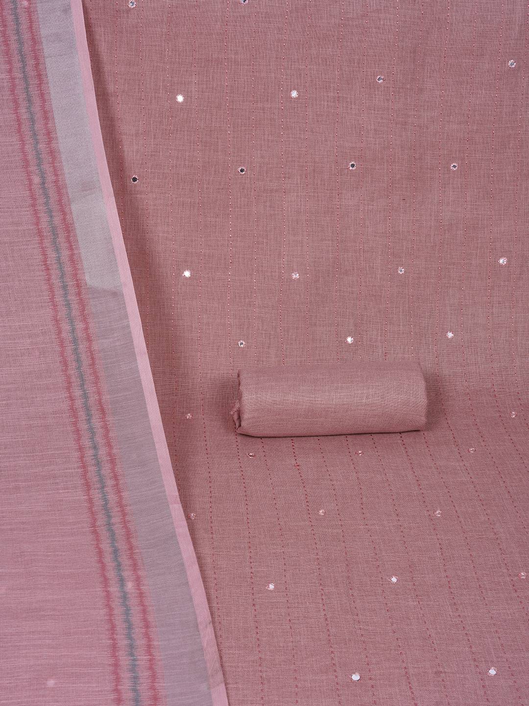 Cotton Dress Material with Mirror Work Yoke, Plain Bottom and Geometric Print Dupatta.(Pink)