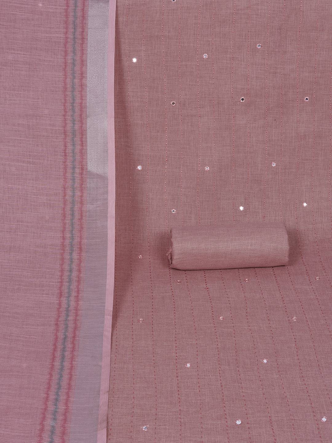 Cotton Dress Material with Mirror Work Yoke, Plain Bottom and Geometric Print Dupatta.(Pink)