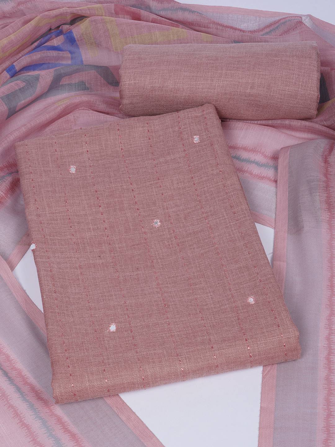 Cotton Dress Material with Mirror Work Yoke, Plain Bottom and Geometric Print Dupatta.(Pink)