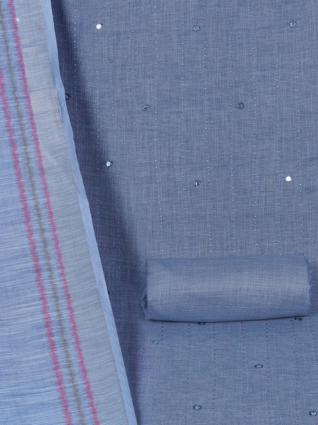 Cotton Dress Material with Mirror Work Yoke, Plain Bottom and Geometric Print Dupatta.(Blue)