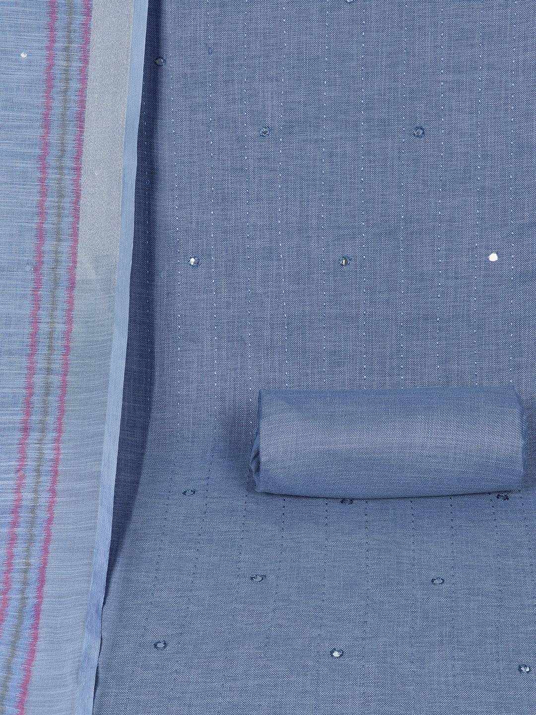 Cotton Dress Material with Mirror Work Yoke, Plain Bottom and Geometric Print Dupatta.(Blue)