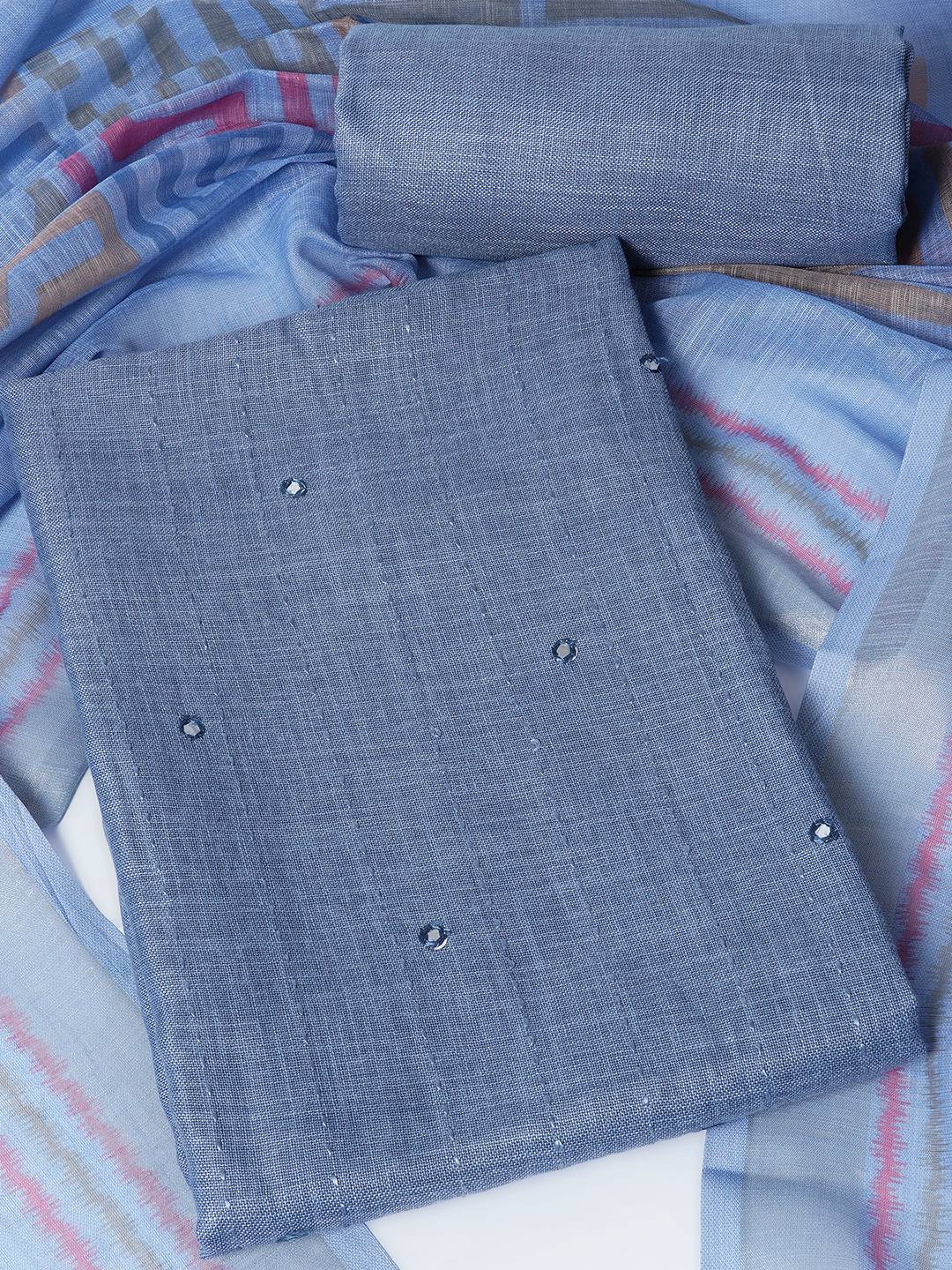 Cotton Dress Material with Mirror Work Yoke, Plain Bottom and Geometric Print Dupatta.(Blue)