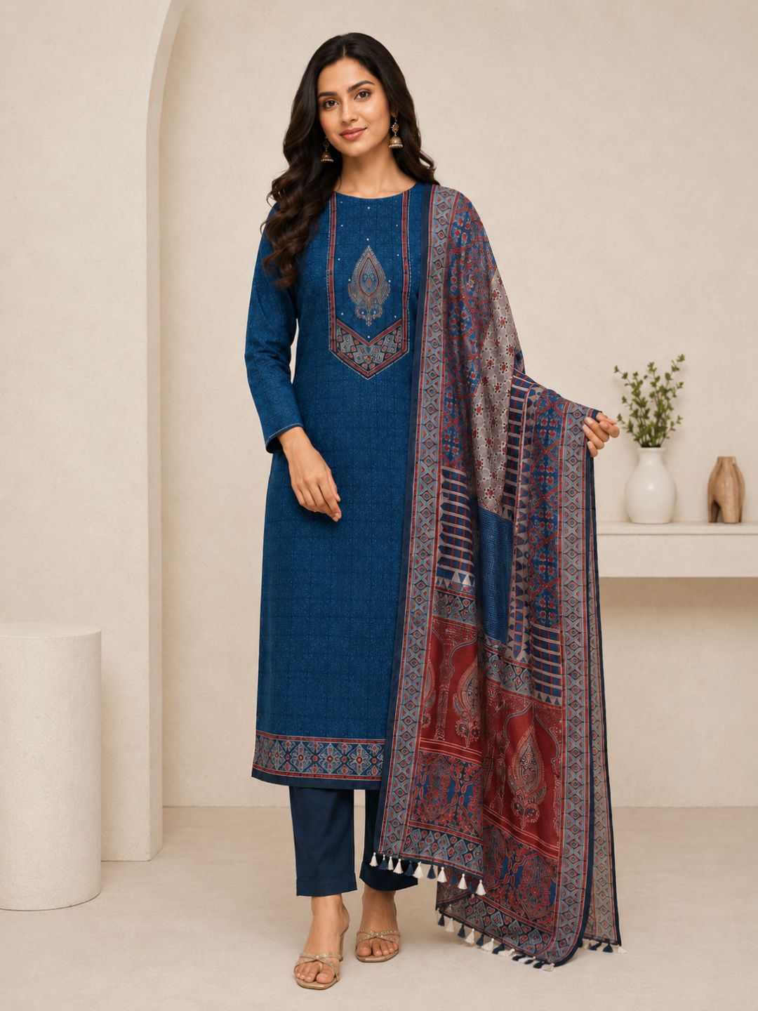 Unstitched 3-Piece Art Silk Suit Set with Embroidered Yoke, Printed Dupatta.(Blue)