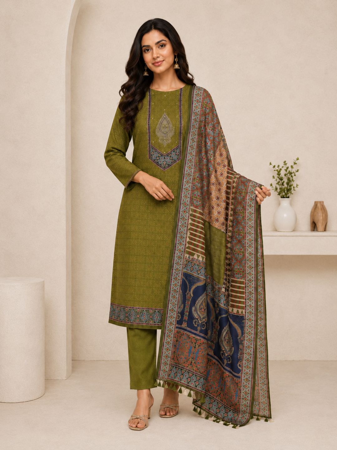 Unstitched 3-Piece Art Silk Suit Set with Embroidered Yoke, Printed Dupatta.(Green)